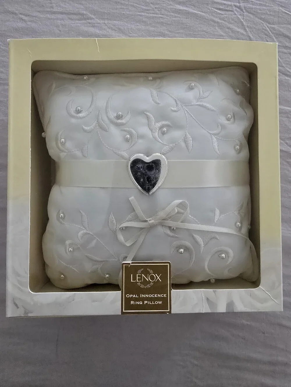 (NWT) Lenox Ivory Embroidered Opal Innocence Silver Heart - Ring Bearer Pillow